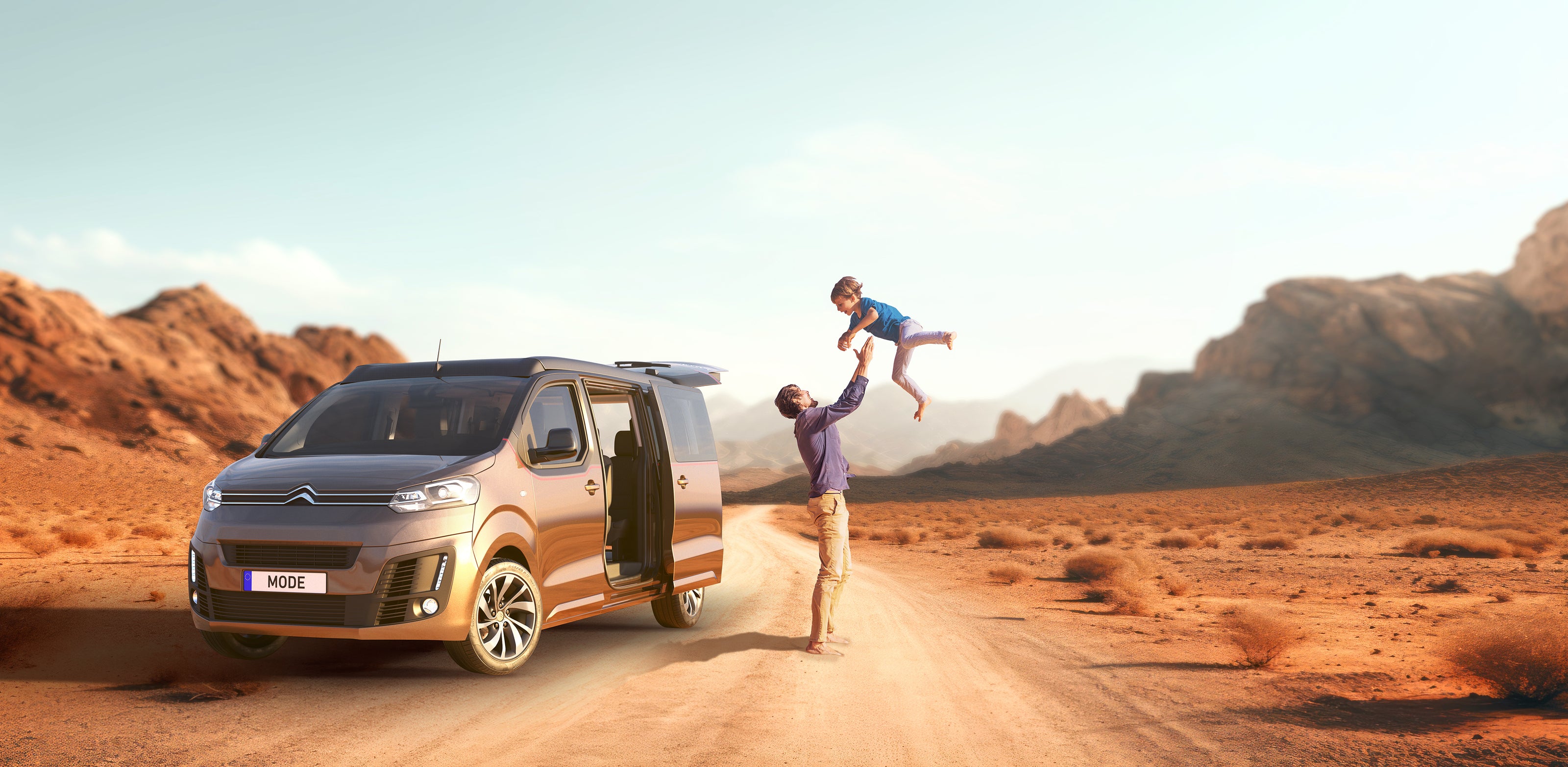 Image creation-Man and a baby playing near a Citroën at the desert.