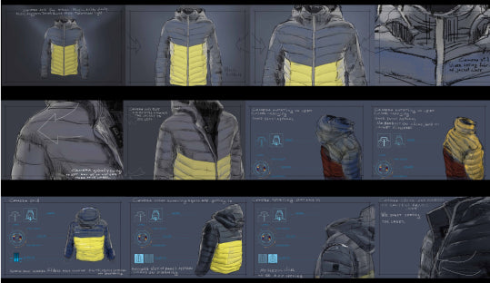 Animation Creation-A sketch of a jacket design being created on a drafting table, with fabric swatches and measurements nearby.